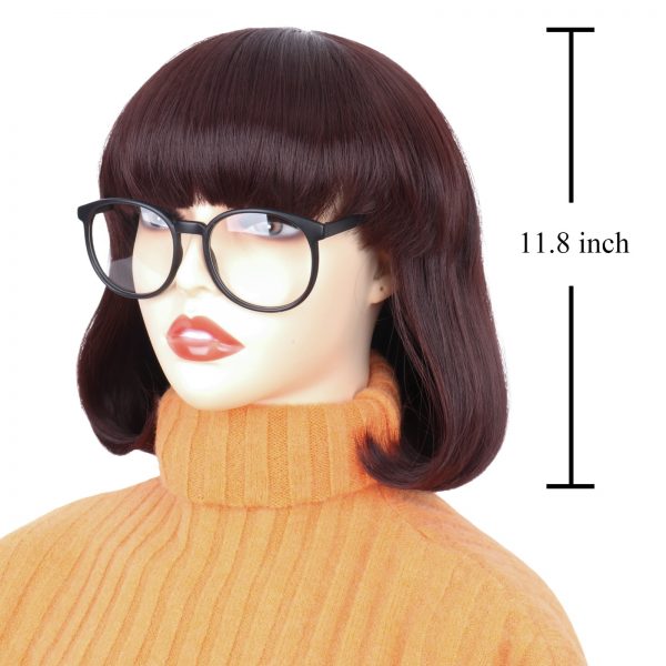 Cute Brown Wig with Glasses Velma Dinkley Cosplay Costume Synthetic Short Bob Wavy Hair for Halloween 4 - Velma Costume